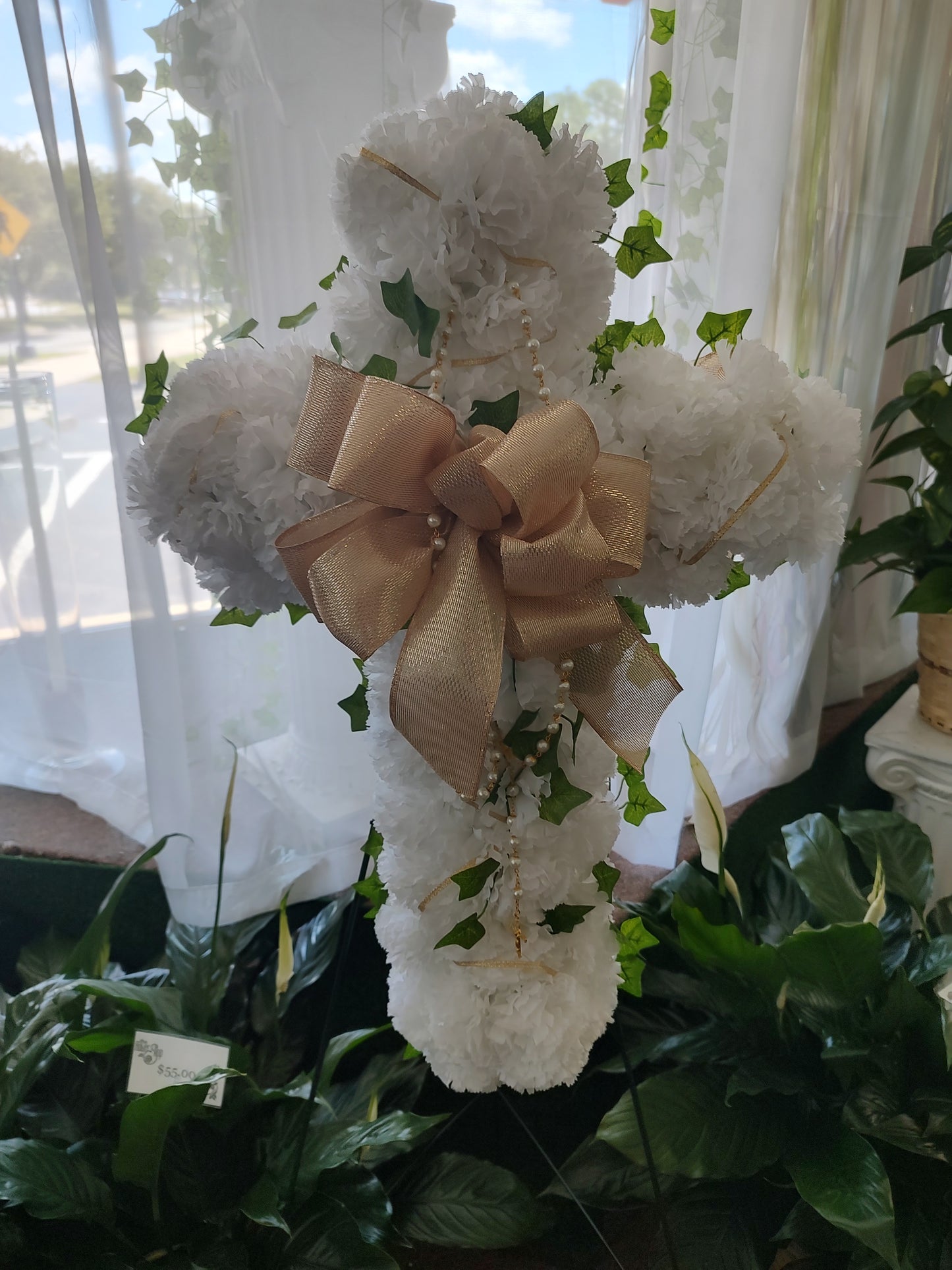 Small Cross (White w/ Rosary) - Silk Florals