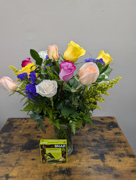 Dozen mixed roses with Dubai chocolate